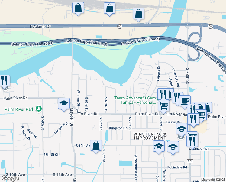 map of restaurants, bars, coffee shops, grocery stores, and more near 610 South 67th Street in Tampa