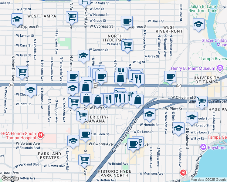 map of restaurants, bars, coffee shops, grocery stores, and more near 119 South Fremont Avenue in Tampa