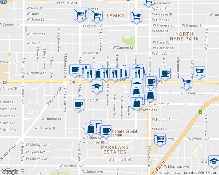 map of restaurants, bars, coffee shops, grocery stores, and more near 2802 West Cleveland Street in Tampa