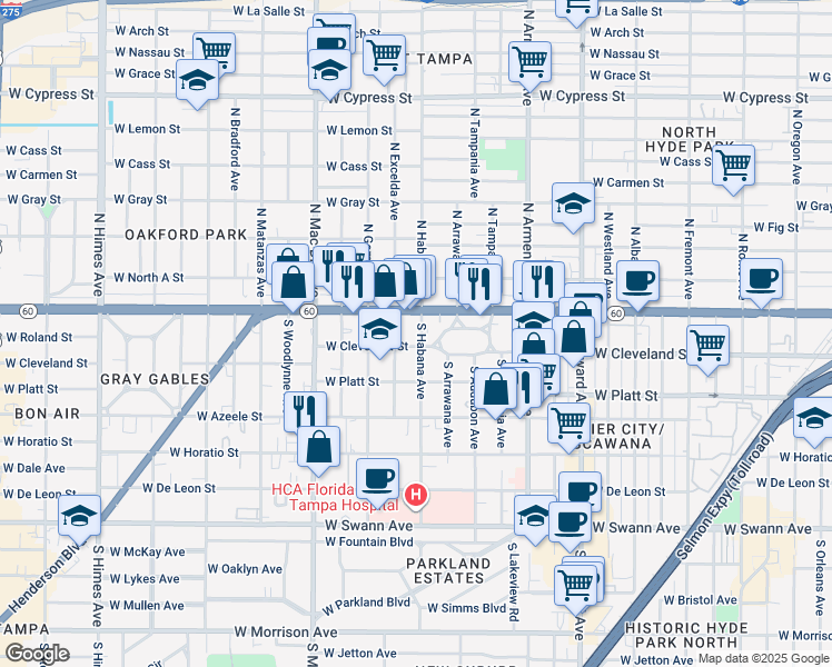 map of restaurants, bars, coffee shops, grocery stores, and more near 2802 West Cleveland Street in Tampa