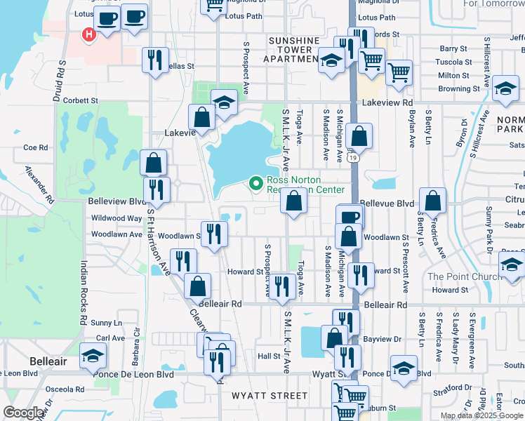 map of restaurants, bars, coffee shops, grocery stores, and more near 910 Woodlawn Street in Clearwater