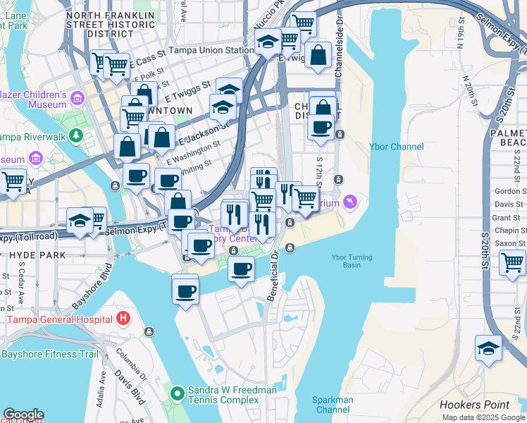 map of restaurants, bars, coffee shops, grocery stores, and more near 1001 Water Street in Tampa