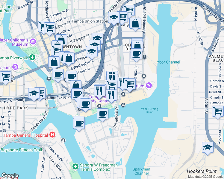 map of restaurants, bars, coffee shops, grocery stores, and more near 1001 Water Street in Tampa
