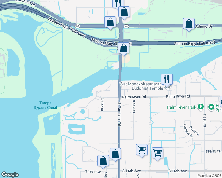 map of restaurants, bars, coffee shops, grocery stores, and more near in Palm River-Clair Mel