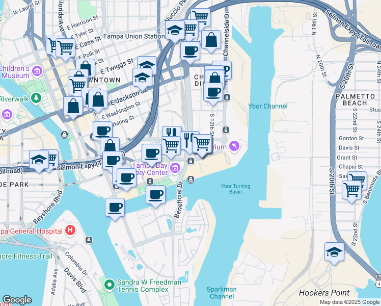 map of restaurants, bars, coffee shops, grocery stores, and more near 602 Channelside Drive in Tampa