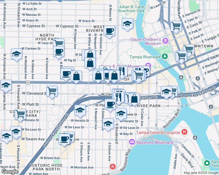 map of restaurants, bars, coffee shops, grocery stores, and more near 1005 West Cleveland Street in Tampa