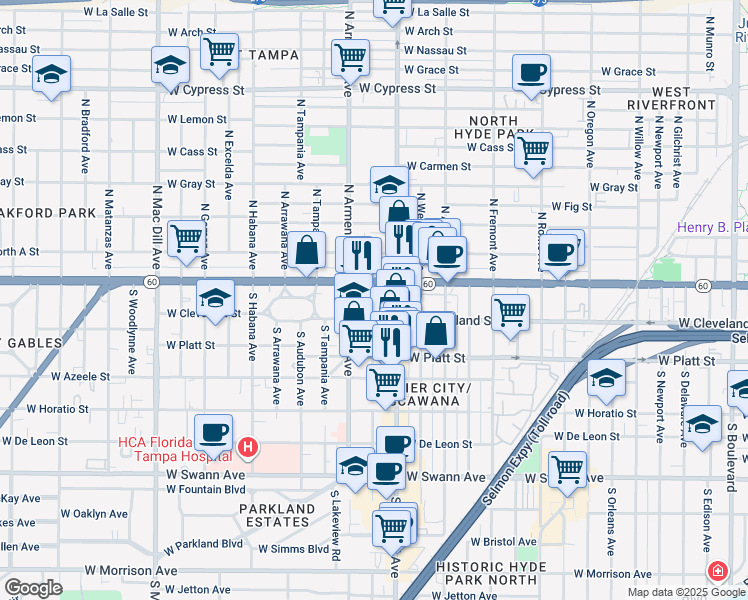map of restaurants, bars, coffee shops, grocery stores, and more near 2307 West Cleveland Street in Tampa