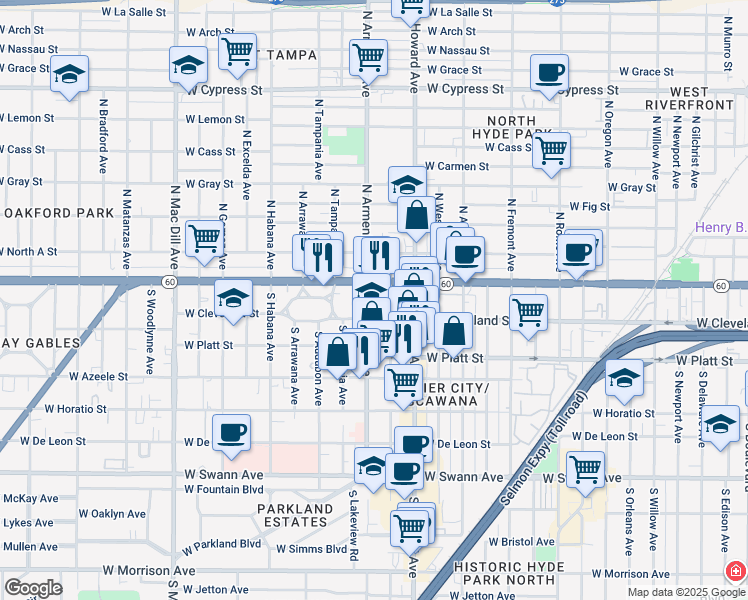 map of restaurants, bars, coffee shops, grocery stores, and more near 104 South Armenia Avenue in Tampa