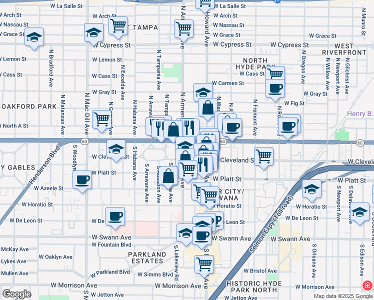 map of restaurants, bars, coffee shops, grocery stores, and more near 112 South Armenia Avenue in Tampa