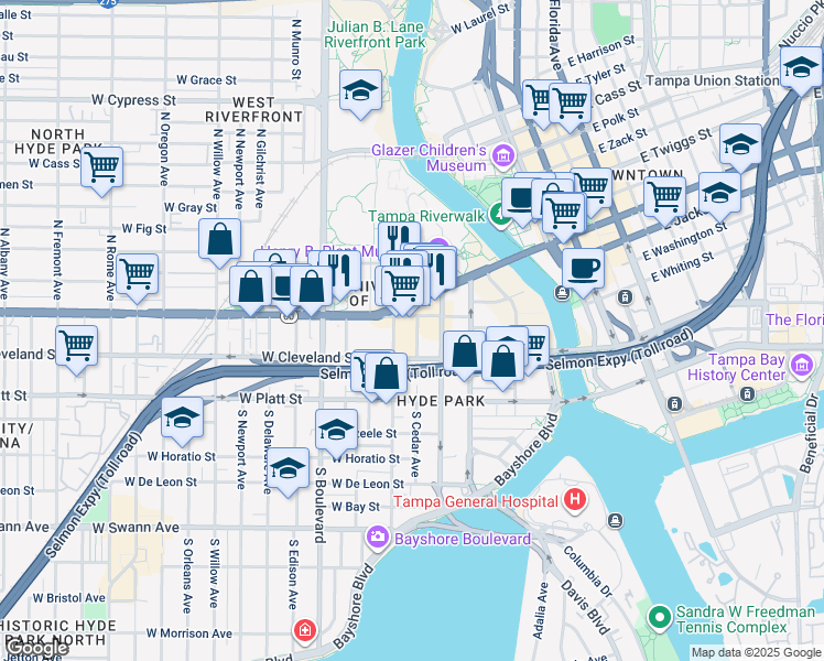 map of restaurants, bars, coffee shops, grocery stores, and more near 504 West Grand Central Avenue in Tampa