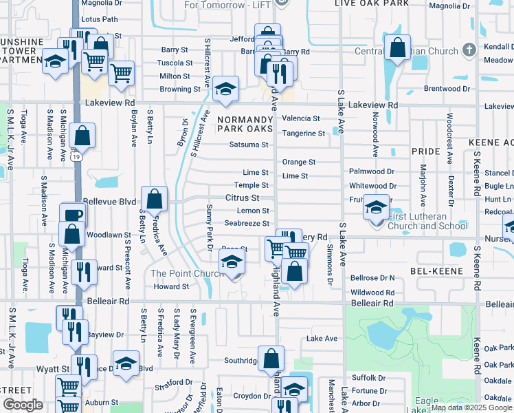 map of restaurants, bars, coffee shops, grocery stores, and more near 1458 Seabreeze Street in Clearwater