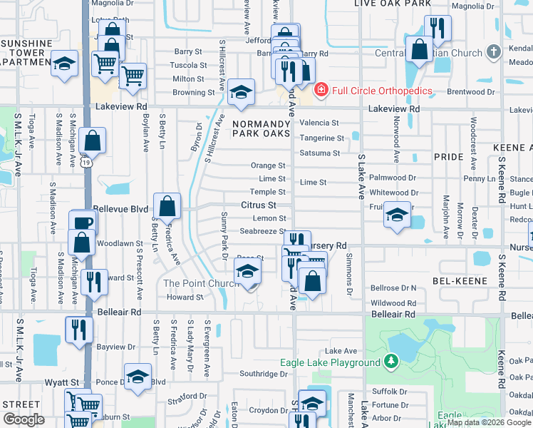 map of restaurants, bars, coffee shops, grocery stores, and more near 1448 Lemon Street in Clearwater