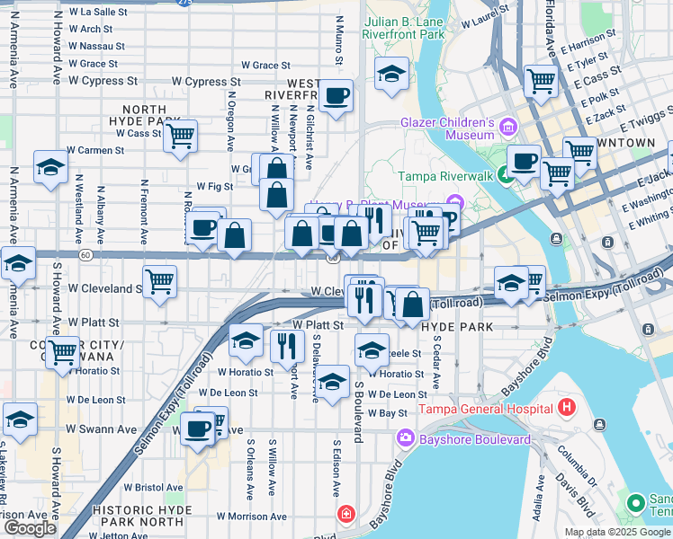map of restaurants, bars, coffee shops, grocery stores, and more near 1005 West Cleveland Street in Tampa