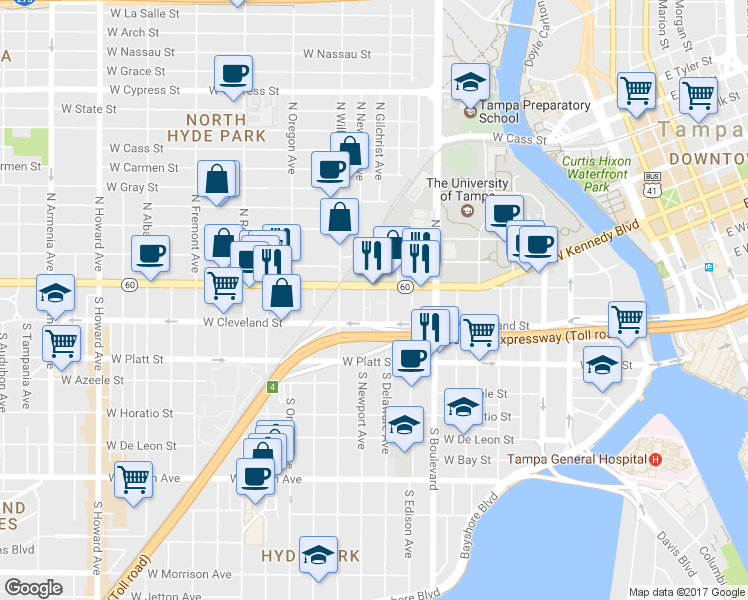map of restaurants, bars, coffee shops, grocery stores, and more near 121 South Newport Avenue in Tampa