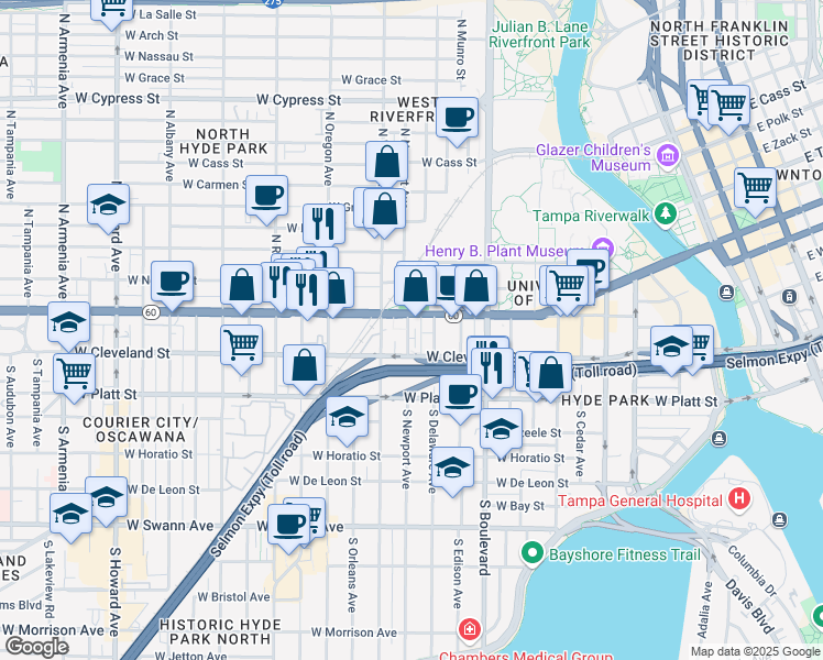 map of restaurants, bars, coffee shops, grocery stores, and more near 121 South Newport Avenue in Tampa