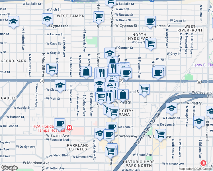 map of restaurants, bars, coffee shops, grocery stores, and more near 2307 West Cleveland Street in Tampa