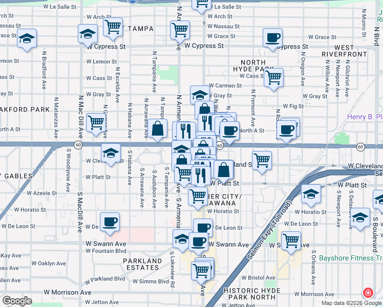 map of restaurants, bars, coffee shops, grocery stores, and more near 2307 West Cleveland Street in Tampa