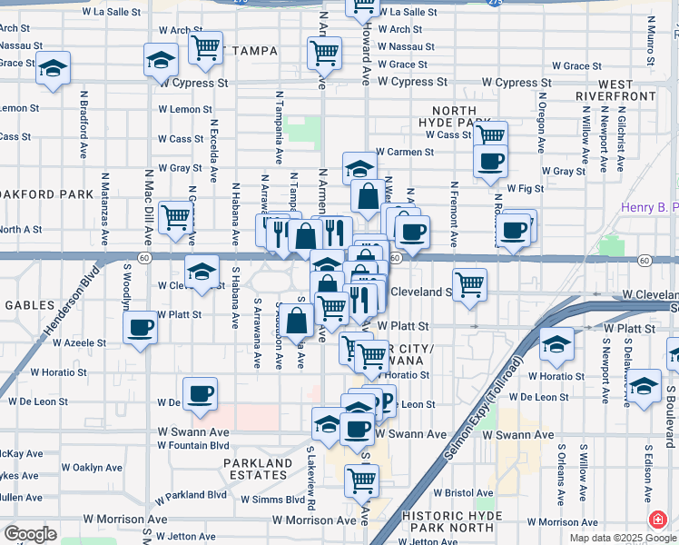 map of restaurants, bars, coffee shops, grocery stores, and more near 112 South Armenia Avenue in Tampa