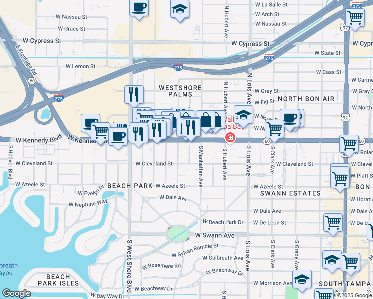 map of restaurants, bars, coffee shops, grocery stores, and more near 119 South Lauber Way in Tampa