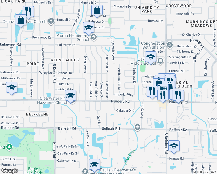 map of restaurants, bars, coffee shops, grocery stores, and more near 1462 Eastfield Drive in Clearwater