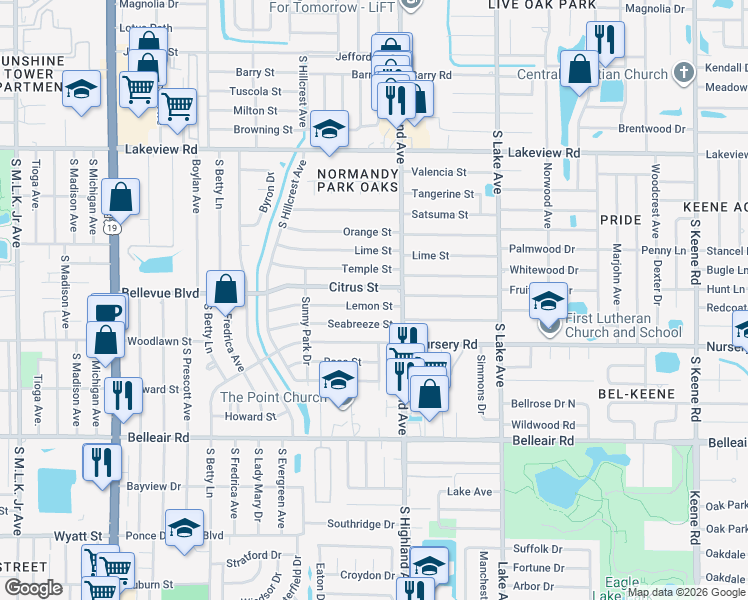 map of restaurants, bars, coffee shops, grocery stores, and more near 1458 Seabreeze Street in Clearwater