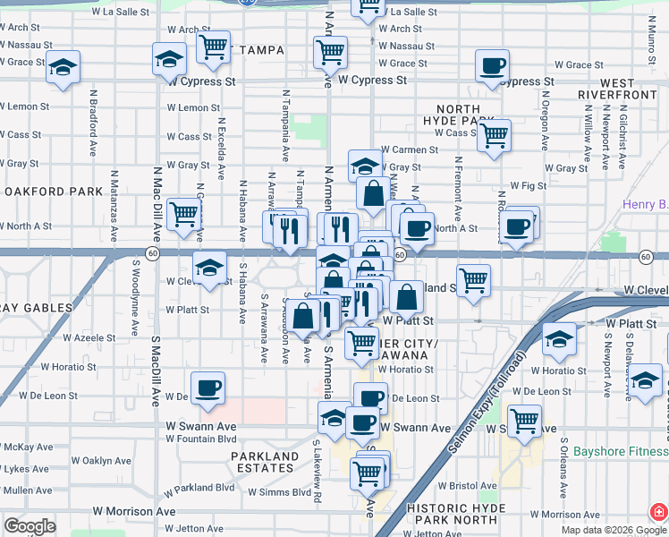 map of restaurants, bars, coffee shops, grocery stores, and more near 104 South Armenia Avenue in Tampa