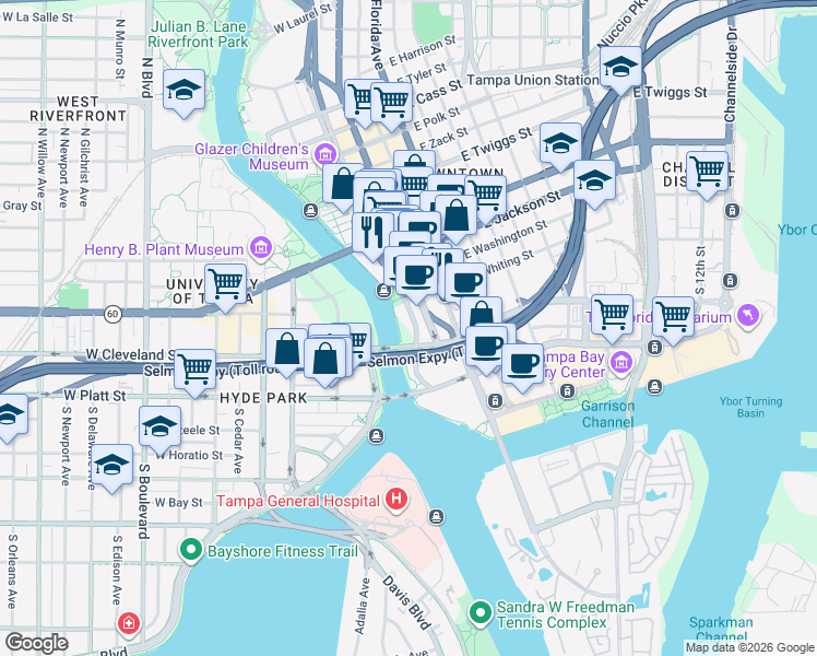 map of restaurants, bars, coffee shops, grocery stores, and more near 111 Ashley Drive South in Tampa