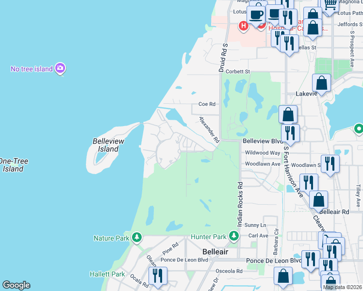 map of restaurants, bars, coffee shops, grocery stores, and more near 21 Country Club Lane in Belleair