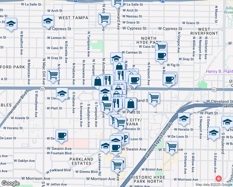 map of restaurants, bars, coffee shops, grocery stores, and more near 2307 West Cleveland Street in Tampa