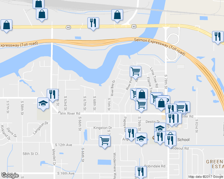 map of restaurants, bars, coffee shops, grocery stores, and more near 615 River Bay Drive in Tampa
