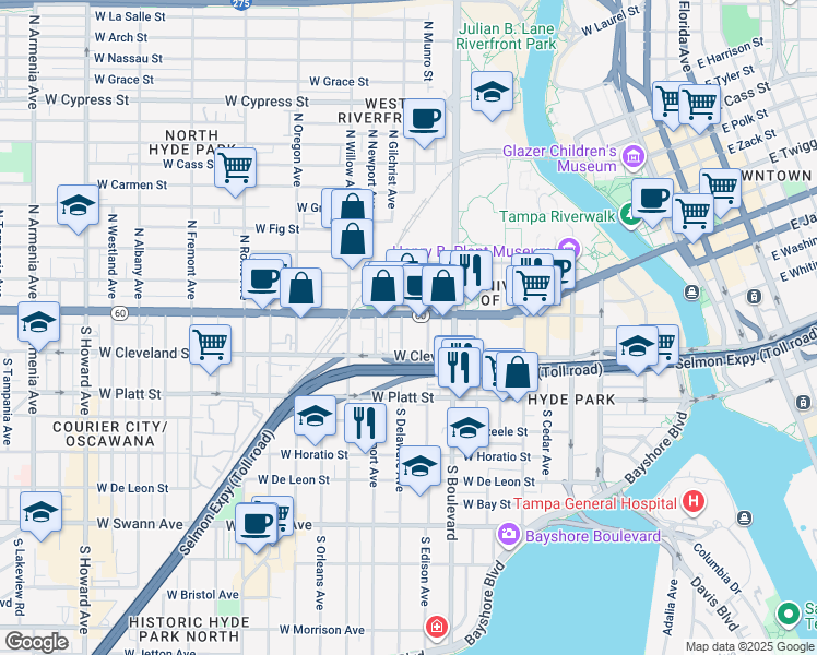map of restaurants, bars, coffee shops, grocery stores, and more near 1005 West Cleveland Street in Tampa