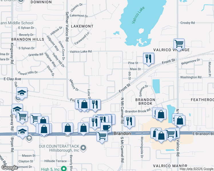 map of restaurants, bars, coffee shops, grocery stores, and more near 424 Summerlyn Drive in Valrico