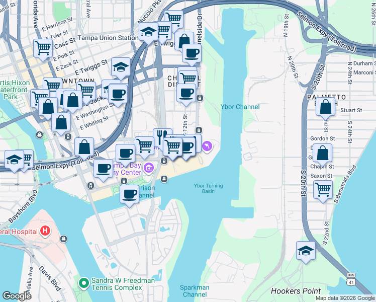 map of restaurants, bars, coffee shops, grocery stores, and more near 810 Channelside Drive in Tampa