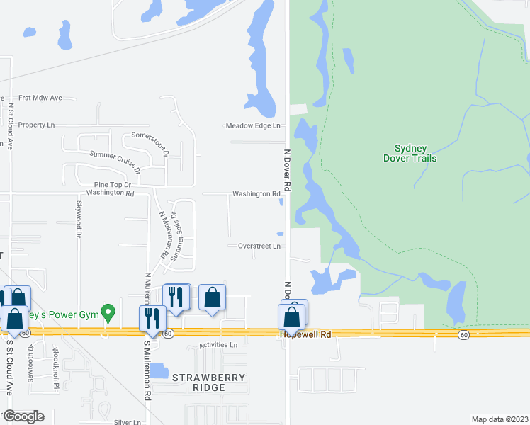 map of restaurants, bars, coffee shops, grocery stores, and more near 3629 Washington Road in Valrico