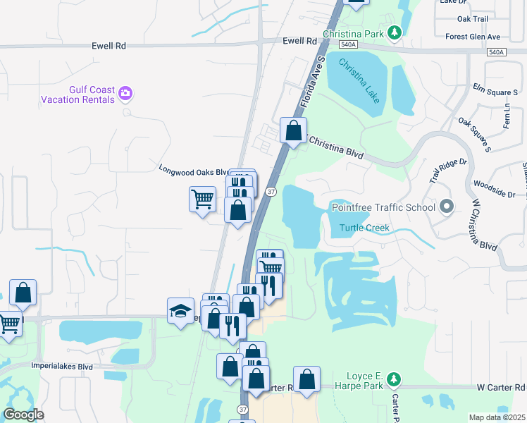 map of restaurants, bars, coffee shops, grocery stores, and more near 6665 Florida Avenue South in Lakeland