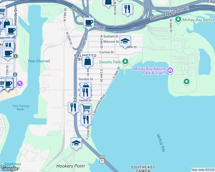 map of restaurants, bars, coffee shops, grocery stores, and more near 803 South Berumuda Boulevard in Tampa