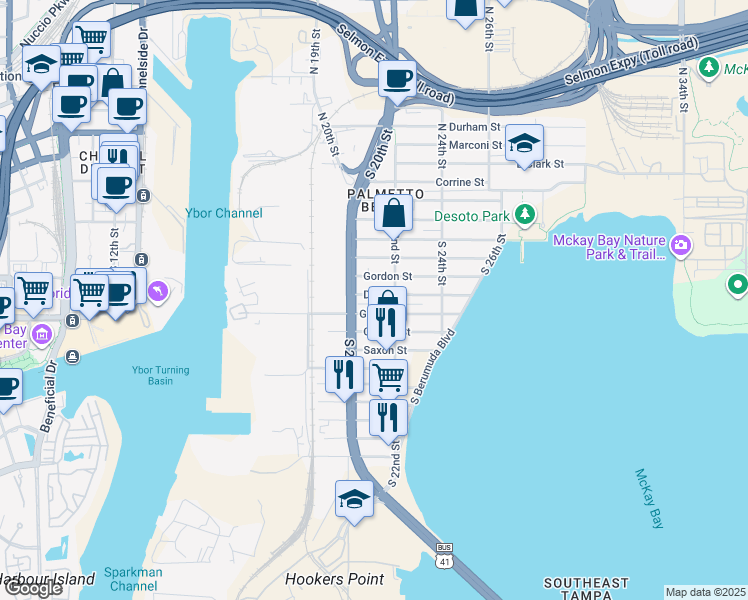 map of restaurants, bars, coffee shops, grocery stores, and more near 904 South 20th Street in Tampa