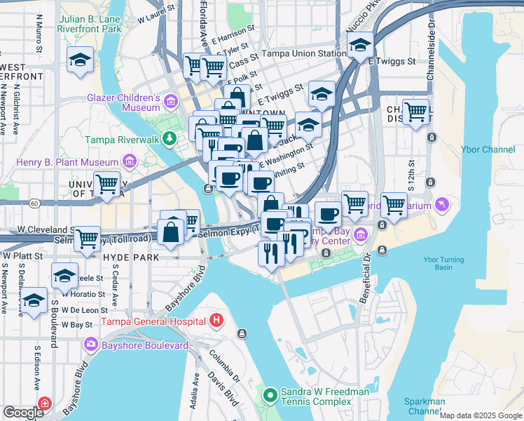 map of restaurants, bars, coffee shops, grocery stores, and more near 2 East Brorein Street in Tampa