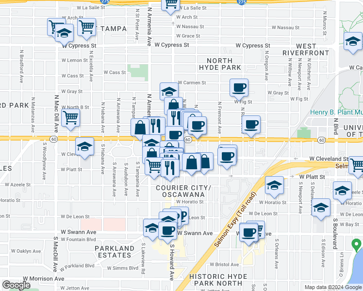 map of restaurants, bars, coffee shops, grocery stores, and more near 119 South Westland Avenue in Tampa