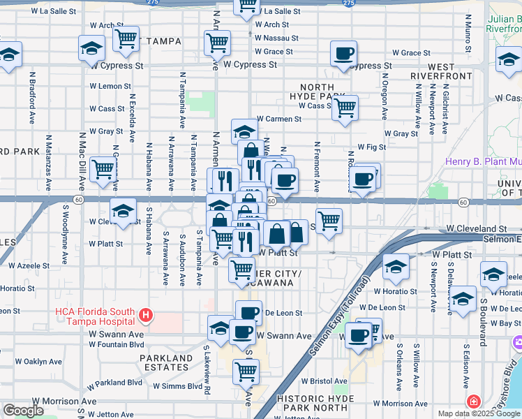 map of restaurants, bars, coffee shops, grocery stores, and more near 119 South Westland Avenue in Tampa