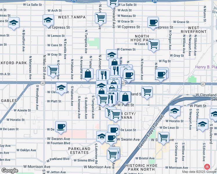 map of restaurants, bars, coffee shops, grocery stores, and more near 2307 West Cleveland Street in Tampa