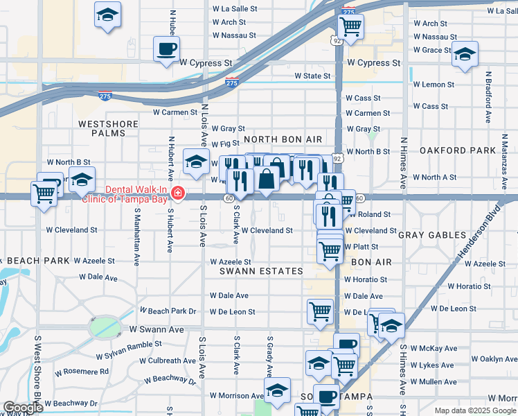map of restaurants, bars, coffee shops, grocery stores, and more near 116 South Hale Avenue in Tampa