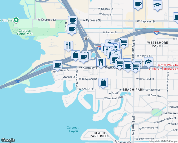 map of restaurants, bars, coffee shops, grocery stores, and more near 5306 West Kennedy Boulevard in Tampa