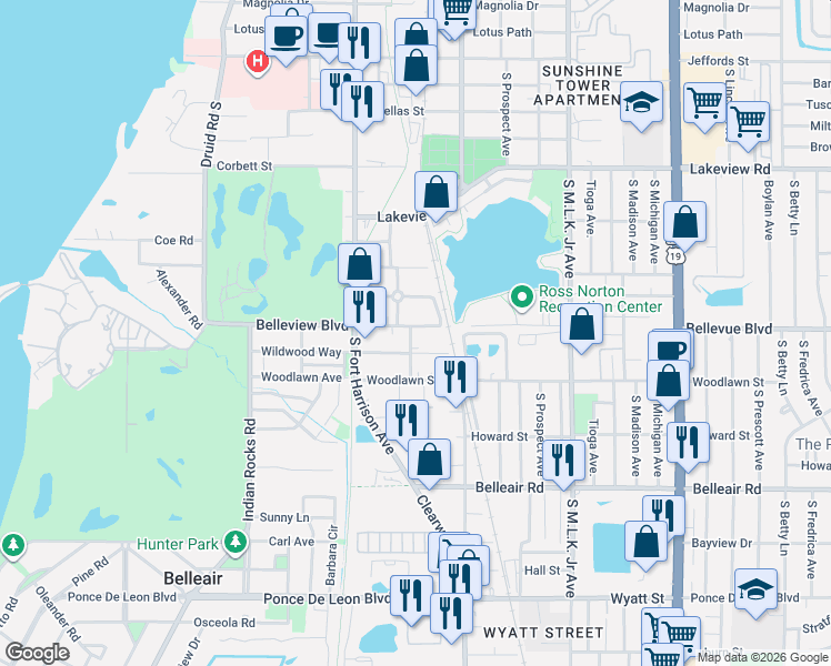 map of restaurants, bars, coffee shops, grocery stores, and more near 619 Wildwood Way in Clearwater