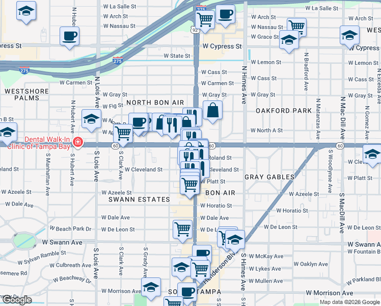 map of restaurants, bars, coffee shops, grocery stores, and more near 135 South Dale Mabry Highway in Tampa