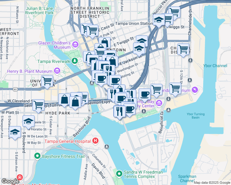 map of restaurants, bars, coffee shops, grocery stores, and more near 211 South Florida Avenue in Tampa