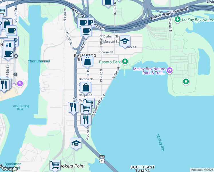 map of restaurants, bars, coffee shops, grocery stores, and more near 803 South Berumuda Boulevard in Tampa