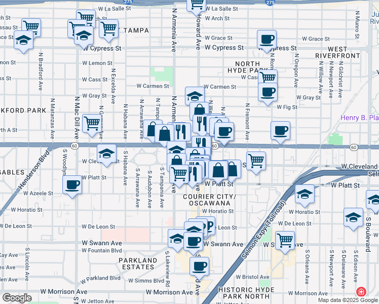 map of restaurants, bars, coffee shops, grocery stores, and more near 2307 West Cleveland Street in Tampa