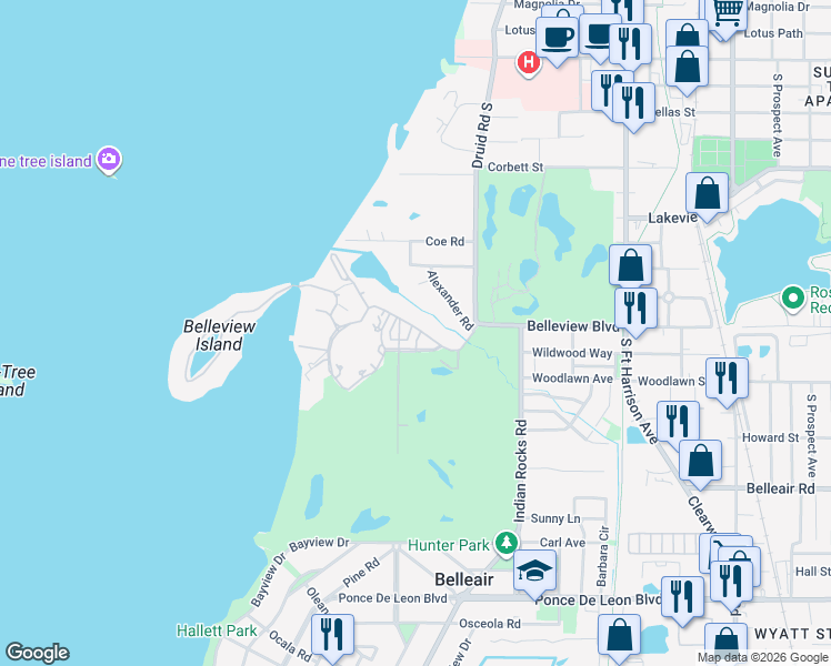 map of restaurants, bars, coffee shops, grocery stores, and more near 1573 Alexander Road in Belleair