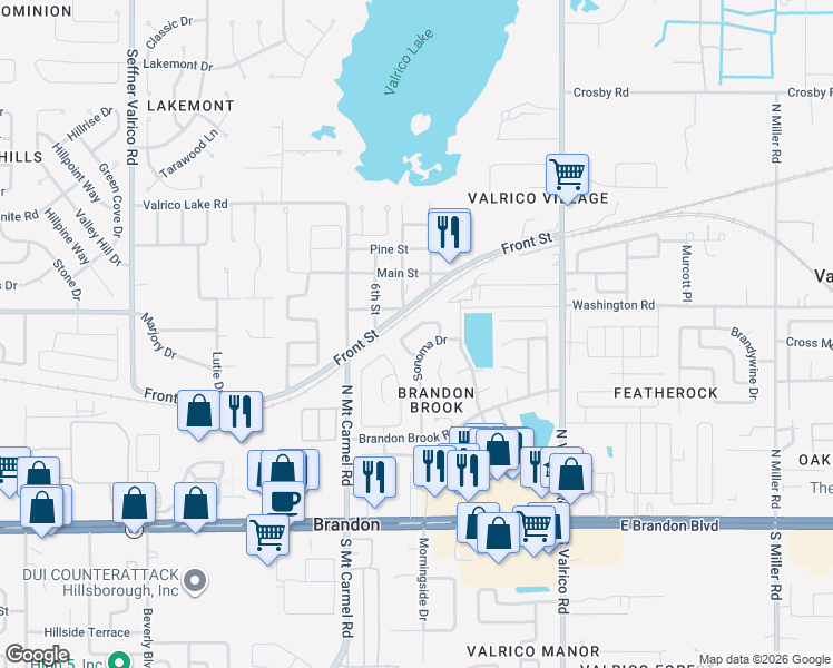 map of restaurants, bars, coffee shops, grocery stores, and more near 528 Napa Valley Circle in Valrico